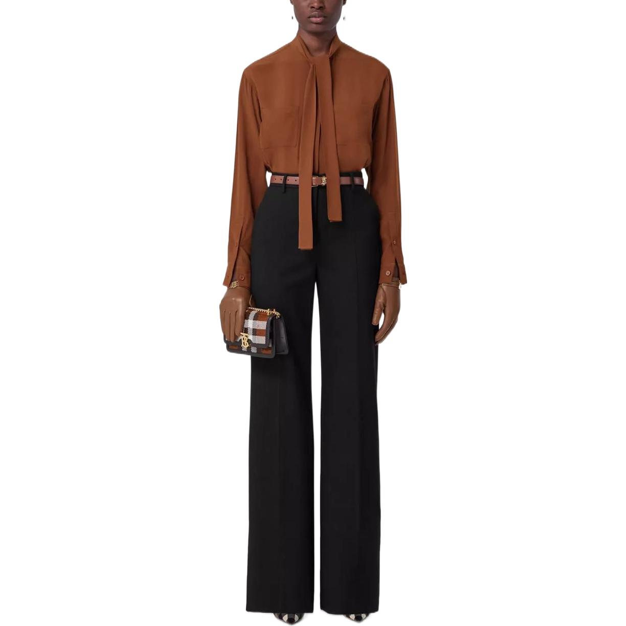 (Women) Burberry FW22 Solid Silk Ribbon Long-Sleeve Shirt Women Brown 80586561 圖 3