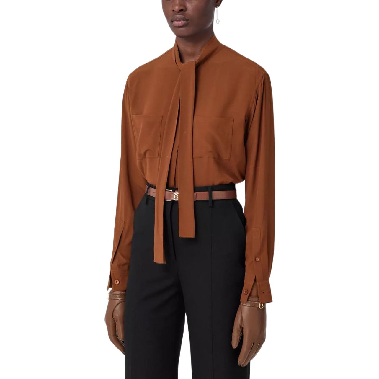 (Women) Burberry FW22 Solid Silk Ribbon Long-Sleeve Shirt Women Brown 80586561 圖 5