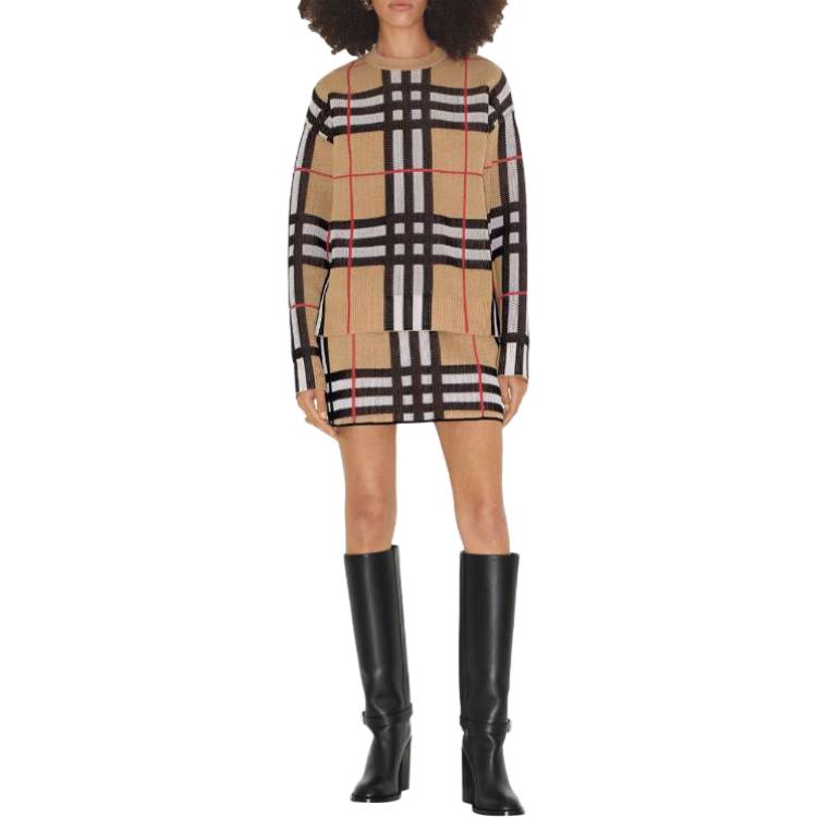Shop (W) Burberry FW23 Sweater Cek Kotak Coklat Leher Bulat. 8070354A7026