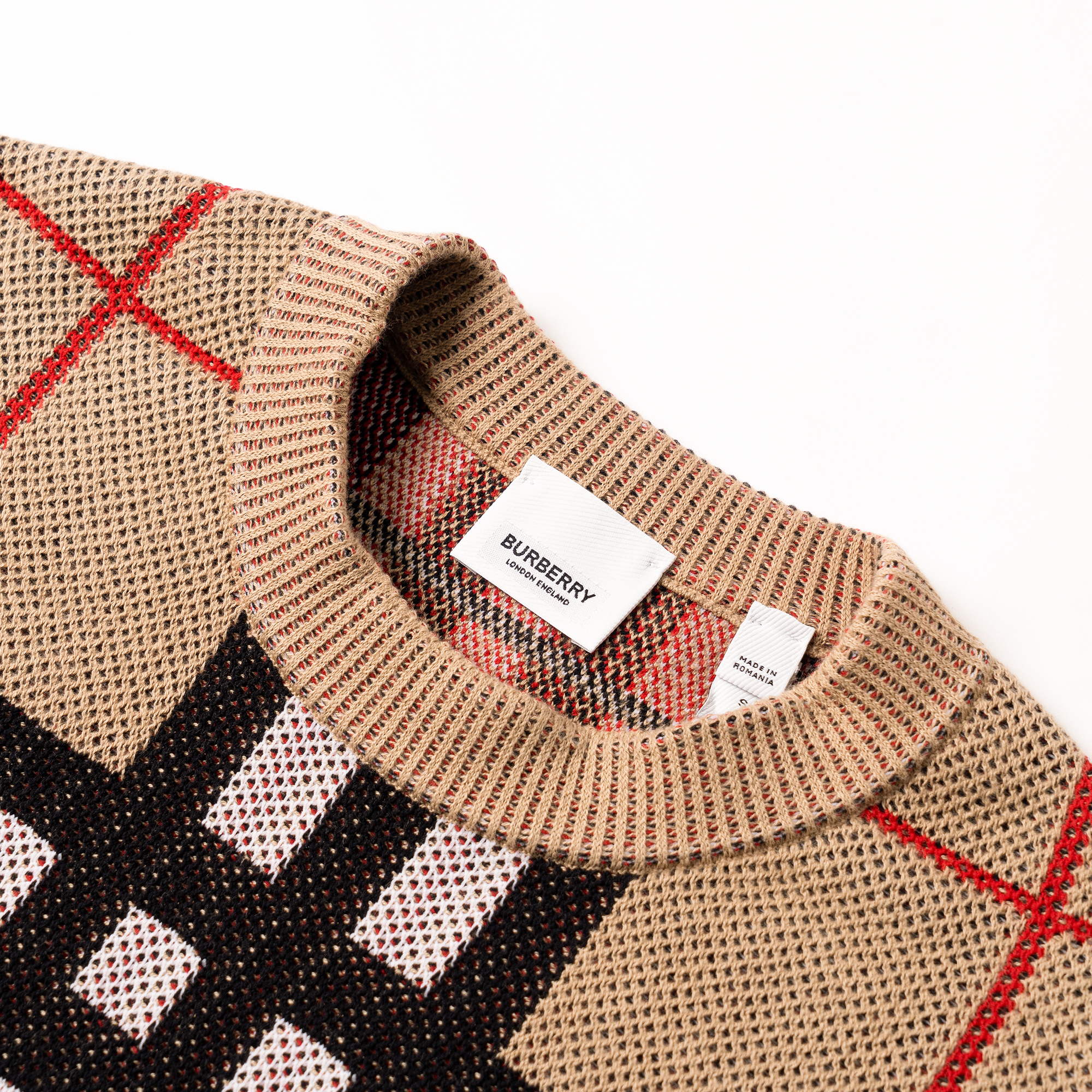 Sizing (W) Burberry FW23 Sweater Cek Kotak Coklat Leher Bulat. 8070354A7026