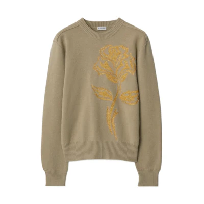 (Women) Burberry FW23 Brown Rose Appliqué Crewneck Casual Sweater. 80775001
