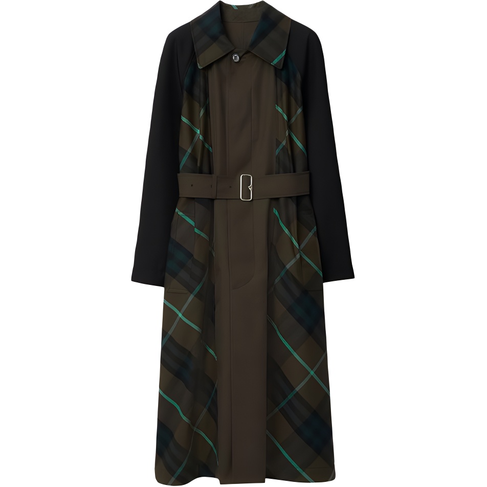 (Women) Burberry FW23  Colorblock Check Belted Long Sleeve Trench Coat Multicolor 80773641