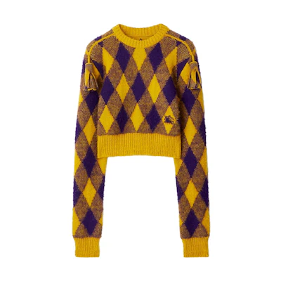 (Women) Burberry FW23 Plaid Jacquard Knit Fringed Sweater in Autumn Ochre. 80769451