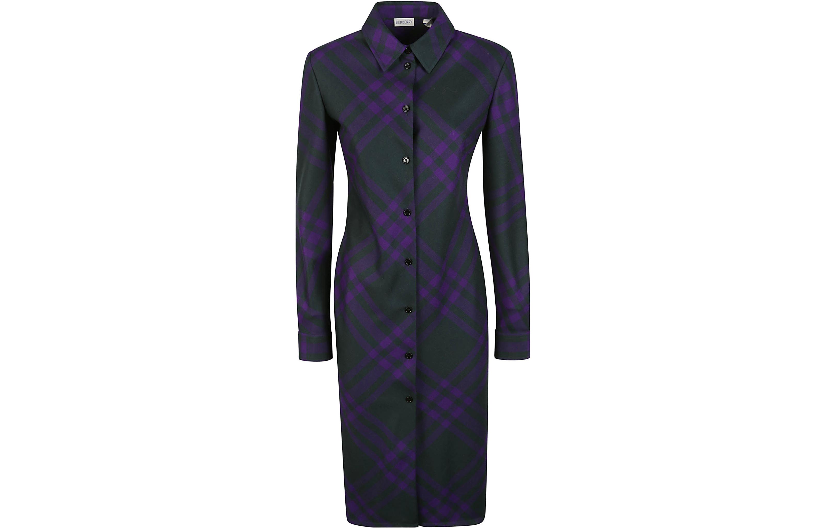 (Women) Burberry FW23  Purple Check Print Long Sleeve Button-Up Maxi Dress 80767431