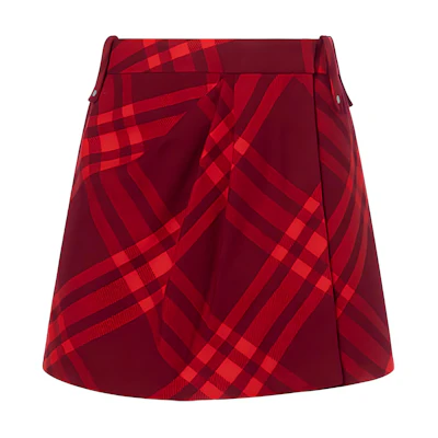 (Women) Burberry FW23 Raspberry Red Check Pleated Casual Skirt. 80778141