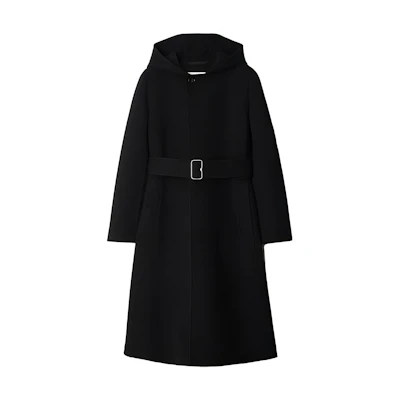(Women) Burberry FW23 Solid Color Waist-Tie Hooded Long Coat - Black 80776941