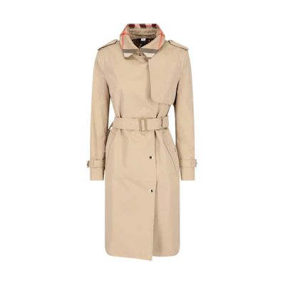 (Women) Burberry FW23 Trench Coat with Belt and Check Details in Khaki. 80763631