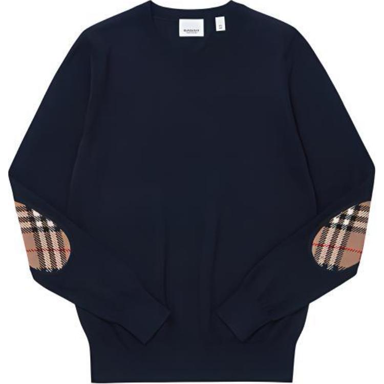 (Women) Burberry FW23  Two-Tone Check Crewneck Knit Sweater Navy Blue 80750121