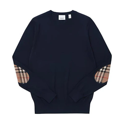 (Women) Burberry FW23 Two-Tone Check Crewneck Knit Sweater Navy Blue 80750121