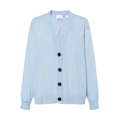 (Women) Burberry FW23 V-Neck Grey-Blue Knitted Cardigan with Check Pattern. 80741981