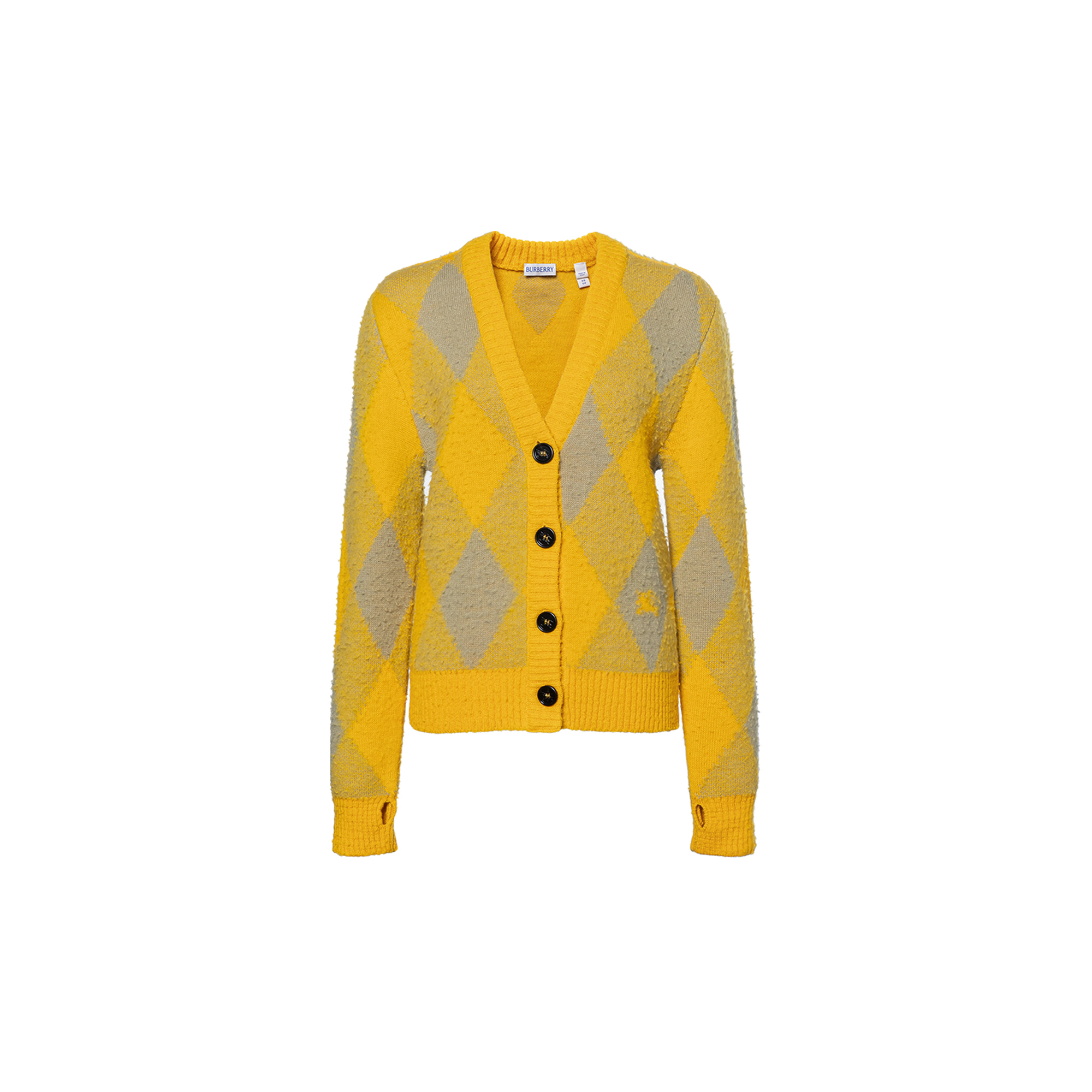 (Women) Burberry FW23 Argyle V-Neck Button-Up Loose Knit Sweater Women Mimosa Yellow. 80776841