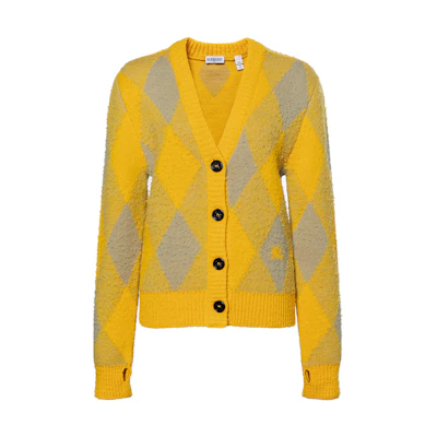 (Women) Burberry FW23 Argyle V-Neck Button-Up Loose Knit Sweater Women Mimosa Yellow. 80776841