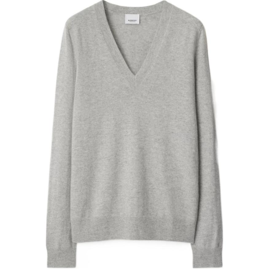 (Women) Burberry FW24  Grey V-Neck Cashmere Sweater with Logo. 80991551