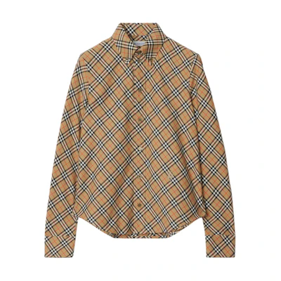 (Women) Burberry FW24 Slim Fit Long Sleeve Check Shirt with Equestrian Logo Beige 80982521