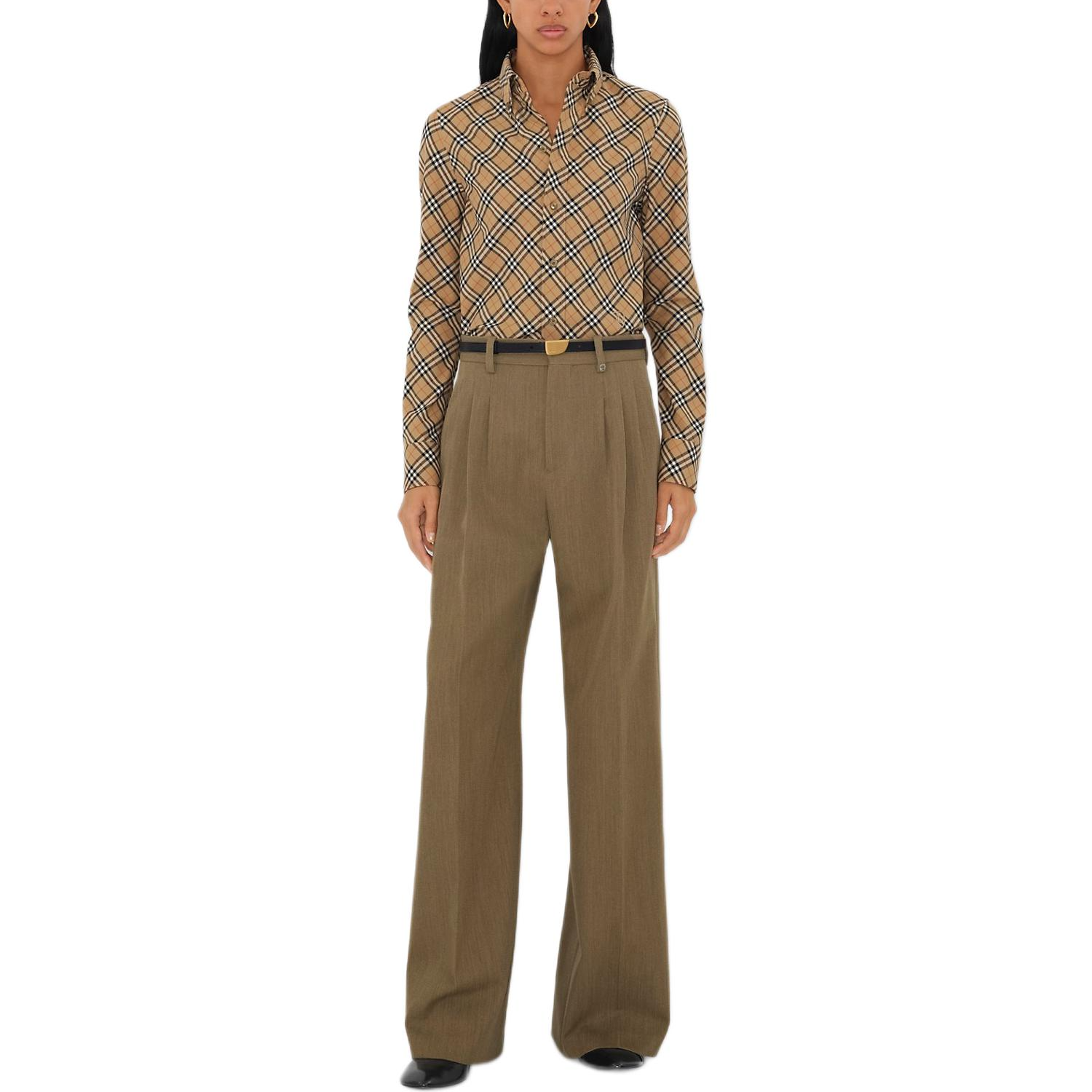 (Women) Burberry FW24  Slim Fit Long Sleeve Check Shirt with Equestrian Logo Beige 80982521 圖 3