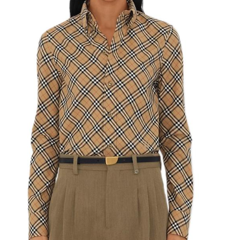 (Women) Burberry FW24  Slim Fit Long Sleeve Check Shirt with Equestrian Logo Beige 80982521 圖 7