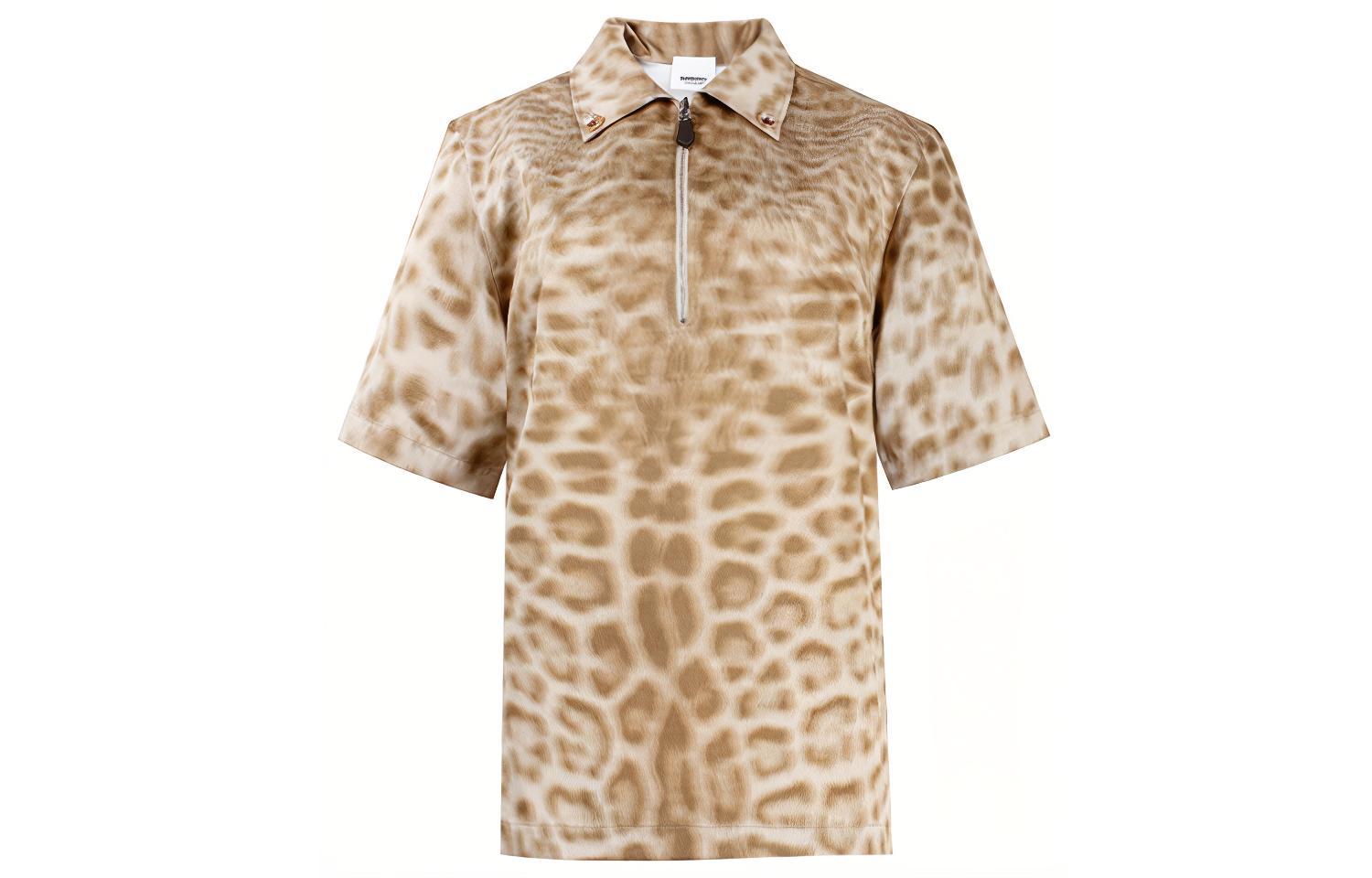 (Women) Burberry Half-Zip Pullover Cotton Leopard Print Shirt Beige 45605151
