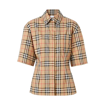 (Women) Burberry Heritage Check Fitted Short-Sleeve Shirt Beige 80258231