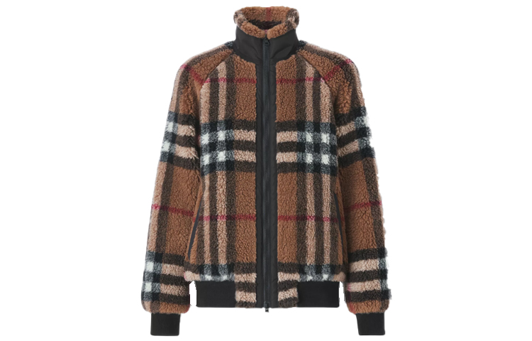 (Women) Burberry High Neck Wool-Blend Check Jacket Birch Brown. 80444121
