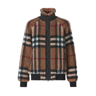 (Women) Burberry High Neck Wool-Blend Check Jacket Birch Brown. 80444121