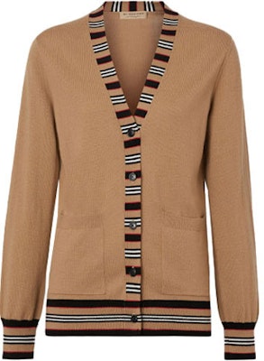(Women) Burberry Icon Stripe Merino Wool Cardigan Sweater Camel 8010606 Buy (Women) Burberry Icon Stripe Merino Wool Cardigan Sweater Camel 8010606