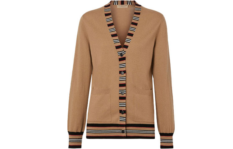 Order (Women) Burberry Icon Stripe Merino Wool Cardigan Sweater Camel 8010606