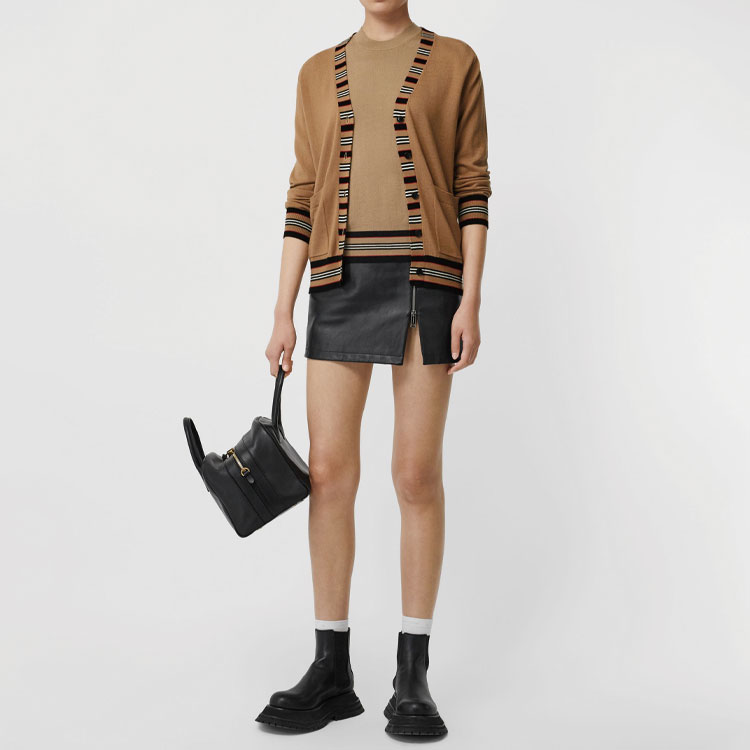 Lookbook (Women) Burberry Icon Stripe Merino Wool Cardigan Sweater Camel 8010606