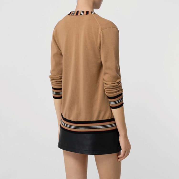 Shop (Women) Burberry Icon Stripe Merino Wool Cardigan Sweater Camel 8010606
