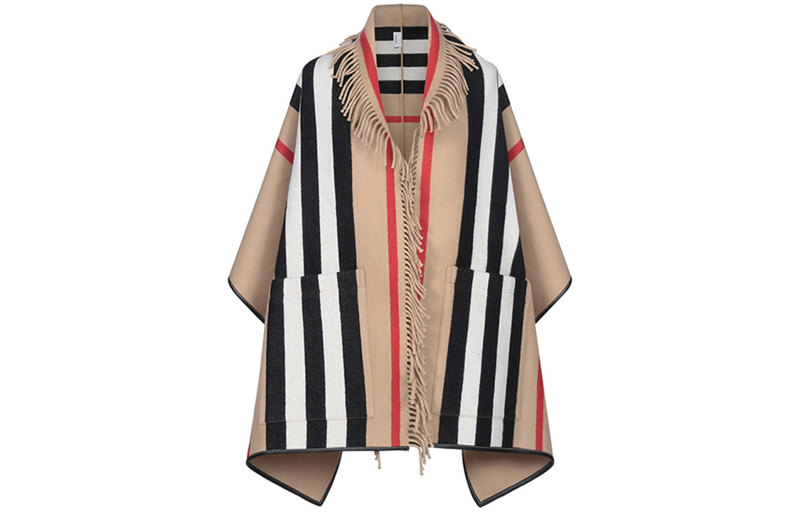 (Women) Burberry Icon Stripe Wool Fringe Shawl Vintage Beige 80194151