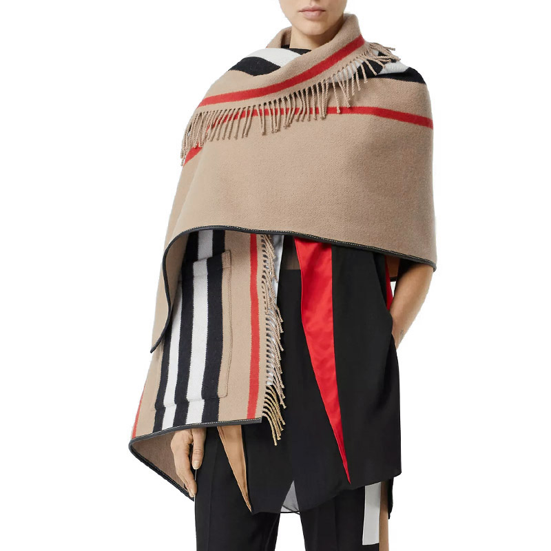 Shop (Women) Burberry Icon Stripe Wool Fringe Shawl Vintage Beige 80194151