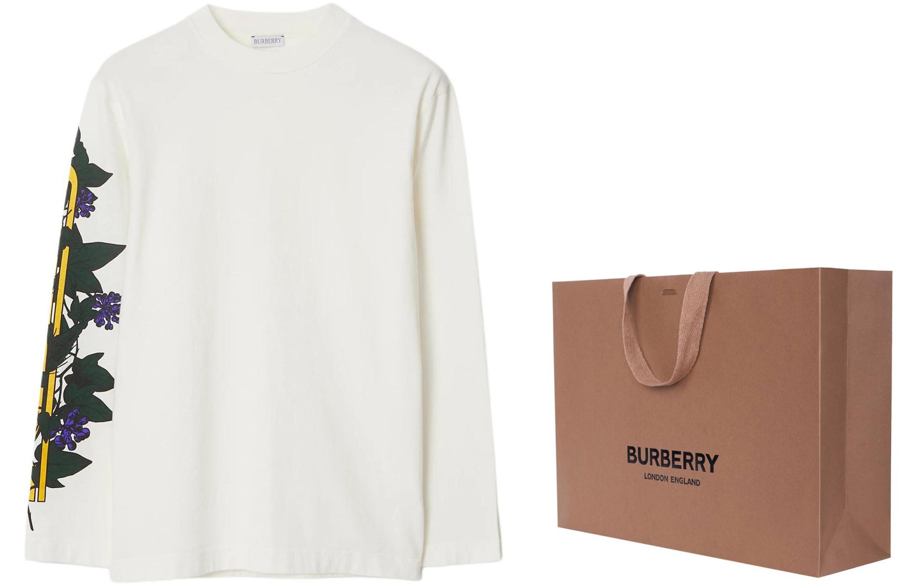 Shop (W) Burberry Ivy Print Oversized Long Sleeve T-Shirt Wanita SS24 - Salt Crystal. 80906421
