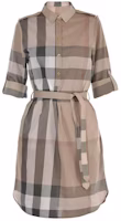 (Women) Burberry Khaki Check Cotton A-Line Shirt Dress Short Sleeve 80277071 (Women) Burberry Khaki Check Cotton A-Line Shirt Dress Short Sleeve 80277071