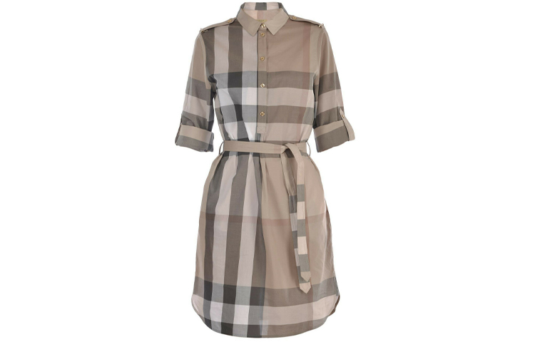 Order (W) Burberry Khaki Check Baju Gaun Kapas A-Line Lengan Pendek 80277071