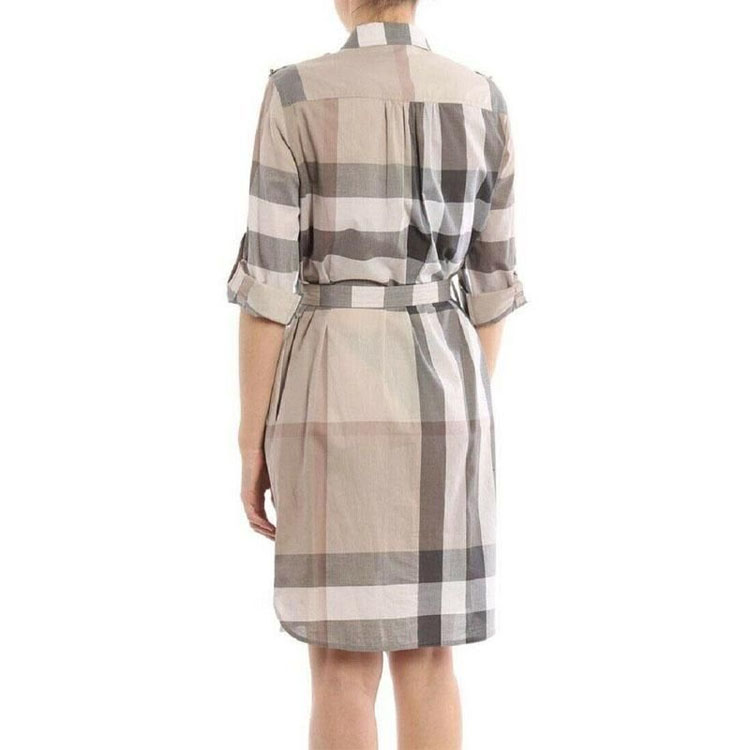 Shop (W) Burberry Khaki Check Baju Gaun Kapas A-Line Lengan Pendek 80277071