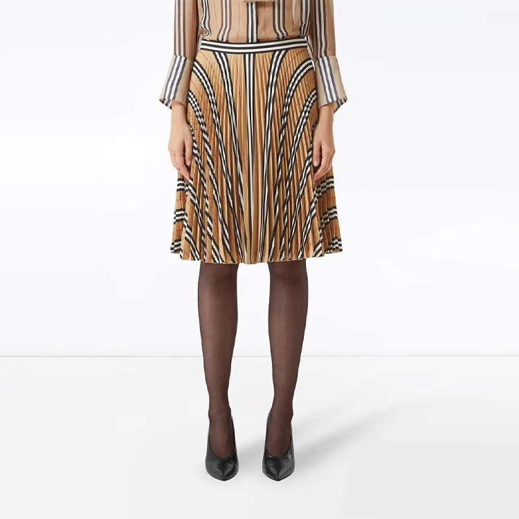 Shop (W) Burberry Khaki Striped A-Line Pleated Midi Skirt dalam Warna Khaki. 80256711