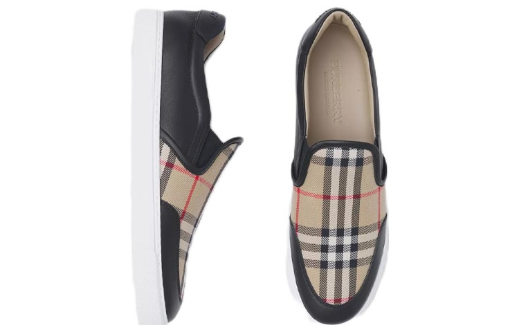 Lookbook (W) 博柏利复古格纹与皮革懒人鞋 '米色黑色' 80432131