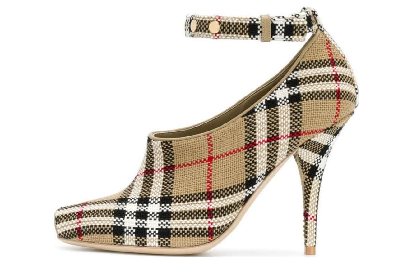 (Women) Burberry Leather Buckle Square Toe Pumps 'Beige Cone Heel' 8012222