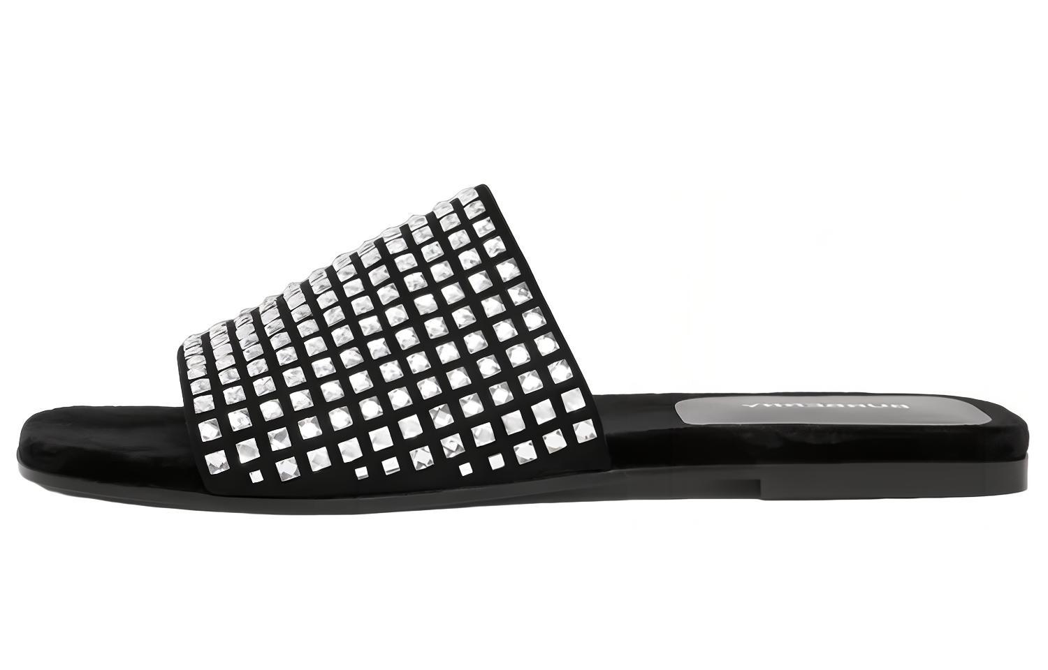 (W) Burberry Leather Flat Slides 'Black' 'Crystal Embellished'