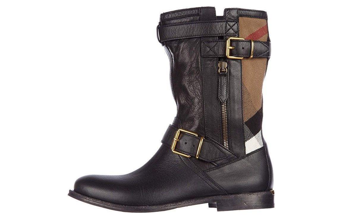 (W) Burberry Leather Round-Toe Check Ankle Boots 'Black'