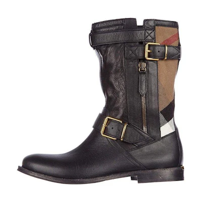 (W) Burberry Leather Round-Toe Check Ankle Boots 'Black'