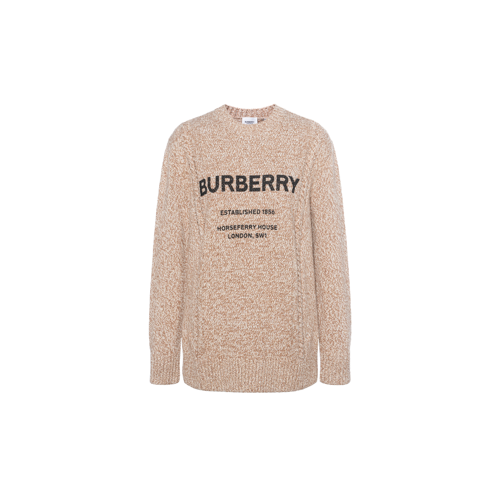 (Women) Burberry Letter Print Cable Knit Pullover Wool Sweater Brown. 80424321