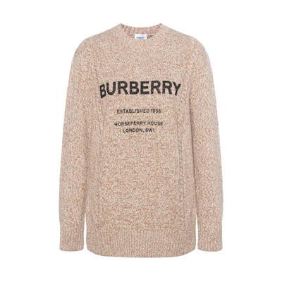 (Women) Burberry Letter Print Cable Knit Pullover Wool Sweater Brown. 80424321