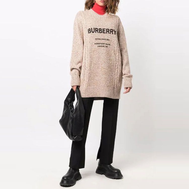 (Women) Burberry Letter Print Cable Knit Pullover Wool Sweater Brown. 80424321 圖 3