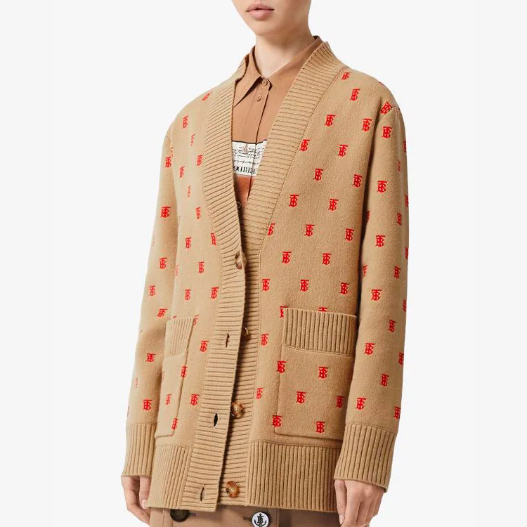 Purchase (W) Burberry 淺棕色V領TB標誌提花羊絨毛衣 80210321