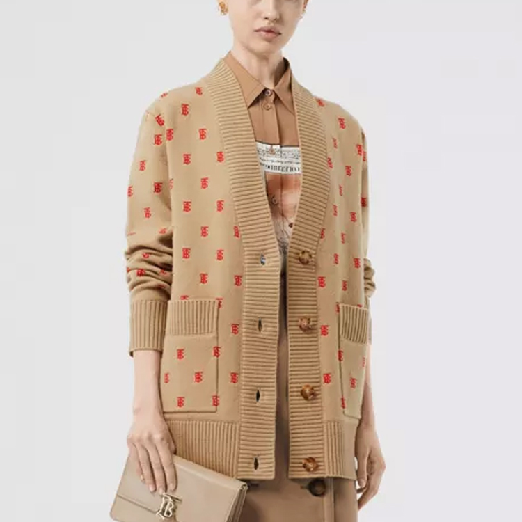 Details for (W) Burberry 淺棕色V領TB標誌提花羊絨毛衣 80210321