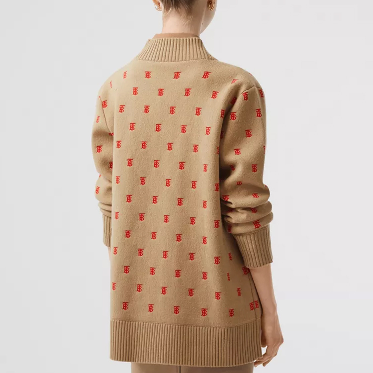 Sizing (W) Burberry 淺棕色V領TB標誌提花羊絨毛衣 80210321