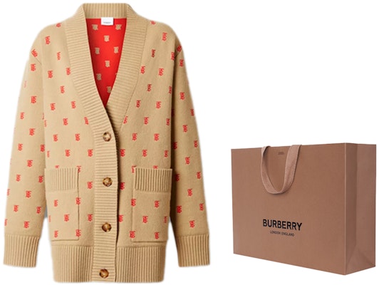 (W) Burberry 淺棕色V領TB標誌提花羊絨毛衣 80210321 1