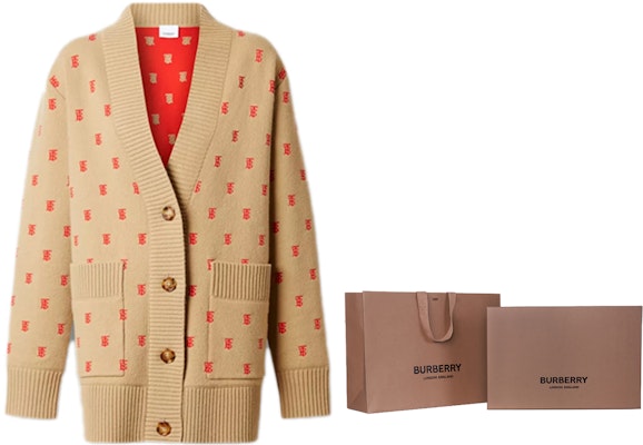 (W) Burberry 淺棕色V領TB標誌提花羊絨毛衣 80210321 2