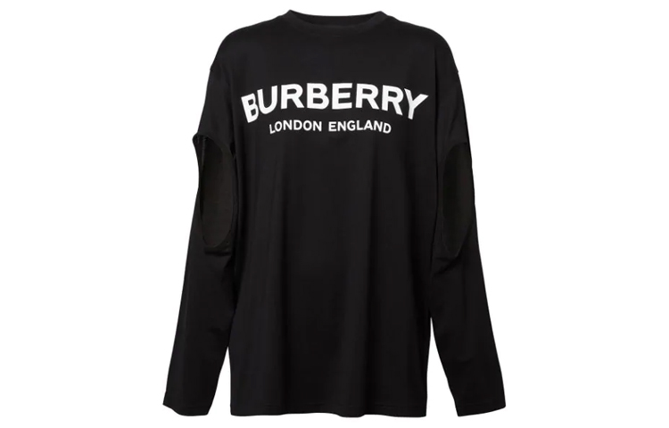 (Women) Burberry Logo Print Cut-Out Loose Long Sleeve Drop-Shoulder Tee Black 80256631