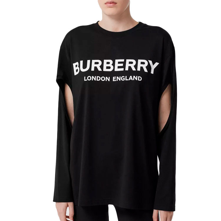 Lookbook (W) 博柏利标志印花镂空宽松落肩长袖T恤黑色 80256631